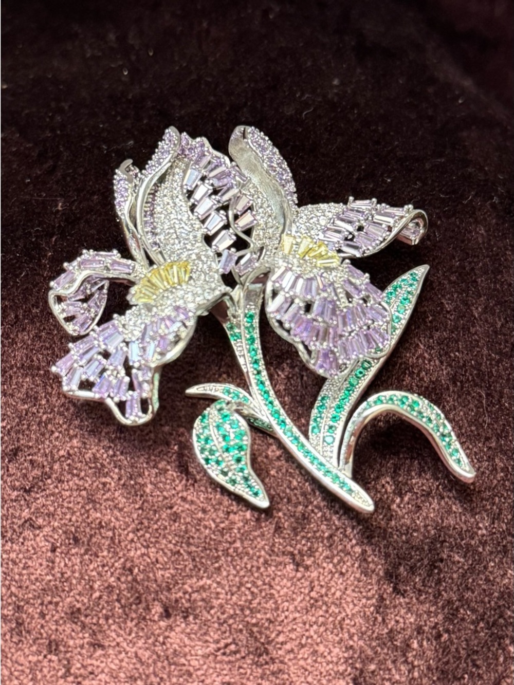 Floral Crystal Iris Brooch In Lavender And Green
